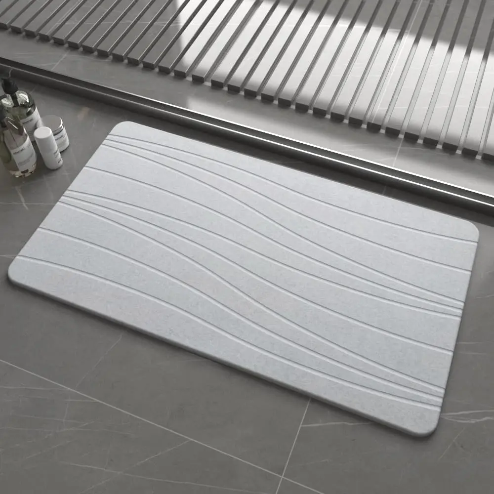 Large Stone Bath Mat, 30'' x 17'' Diatomaceous Earth Non-Slip Stone Shower Mat, Absorbent Diatomite Stone Mats for Light Gray XL Flow