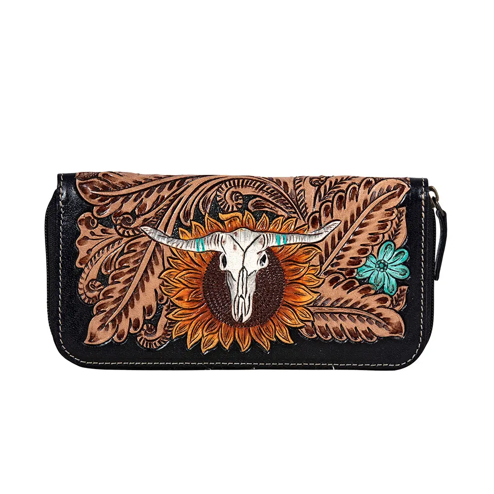 Men's 100% Leather Hand-Tooled Western Wallet - Geometric Waffle Design, Spirit of the Herd Artistry, RFID Anti-Theft Protection, Multi-Pockets, Zipper Closure, Cowboy Rodeo Wear Accessory, Artistic Tooling, 100% Leather Men's Wallets