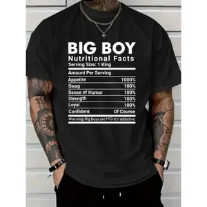 Large Men's Casual Street Style T-Shirt, Printed with Big Boy Nutrition Facts, Loose Fit Pure Cotton with Humorous Graphic, Machine Washable Novelty Top, Suitable for Outdoor and Daily Wear, Durable Clothing | Short-sleeve Top | Extra Large Size