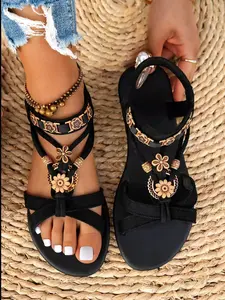 Women's Fashionable Summer Bohemian Sandals, Lightweight Strappy Sandals, Boho Style Flat Sandals, Casual Trendy Ankle Strap Sandals, Footwear