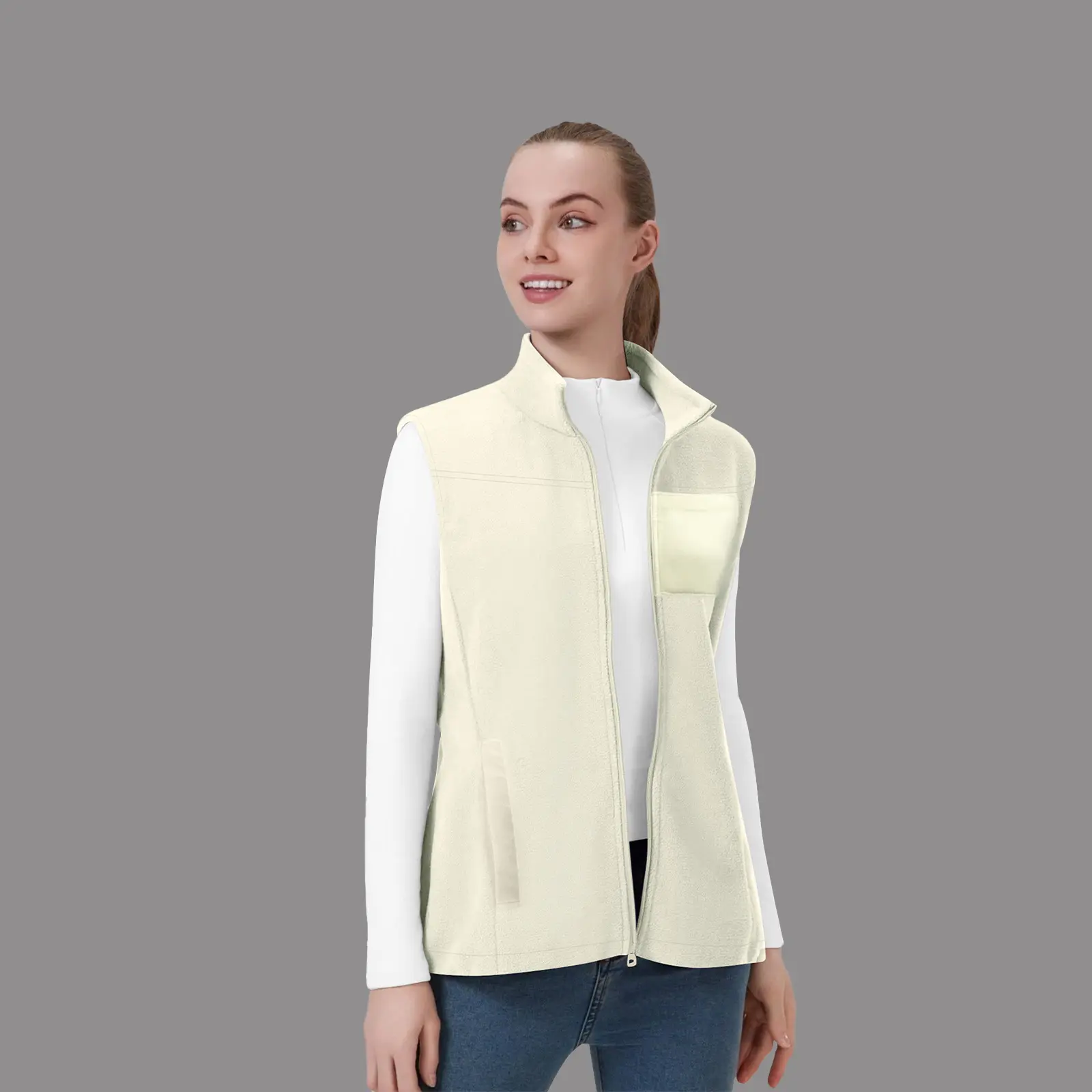 Cimmuovere Apricot Fleece Vest for Women Waterproof Unlined Flannel Fabric Sleeveless Scrubs Set with Zipper & Chest Pocket Regular Fit Healthcare Professionals Casual Wear
