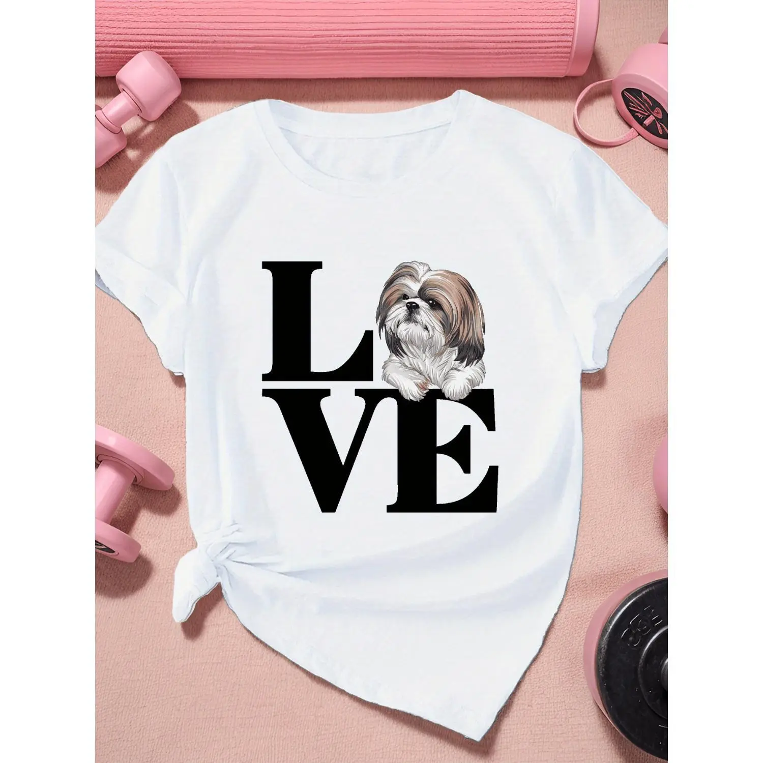Plus Size Sports Short Sleeve T Shirt Featuring Love Shih Tzu Dog Design