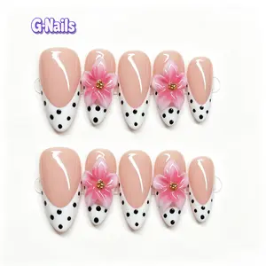 G Nails B06 Handmade Press On Nails (10pcs, Single Item) - Polka Dot, 3D Plumeria Floral, Nude White French Tips - Summer, Vacation Beach Nails