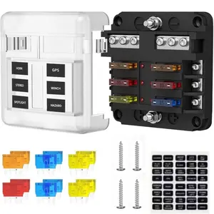 6 Way Fuse Box 12V/24V DC ATC/ATO Fuse Board Holder with 12 pcs Fuses, LED Indicator Negative Bus Blade for Car, Boat, RV, Truck, Marine
