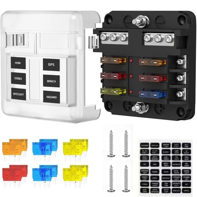 6 Way Fuse Box 12V/24V DC ATC/ATO Fuse Board Holder with 12 pcs Fuses, LED Indicator Negative Bus Blade for Car, Boat, RV, Truck, Marine