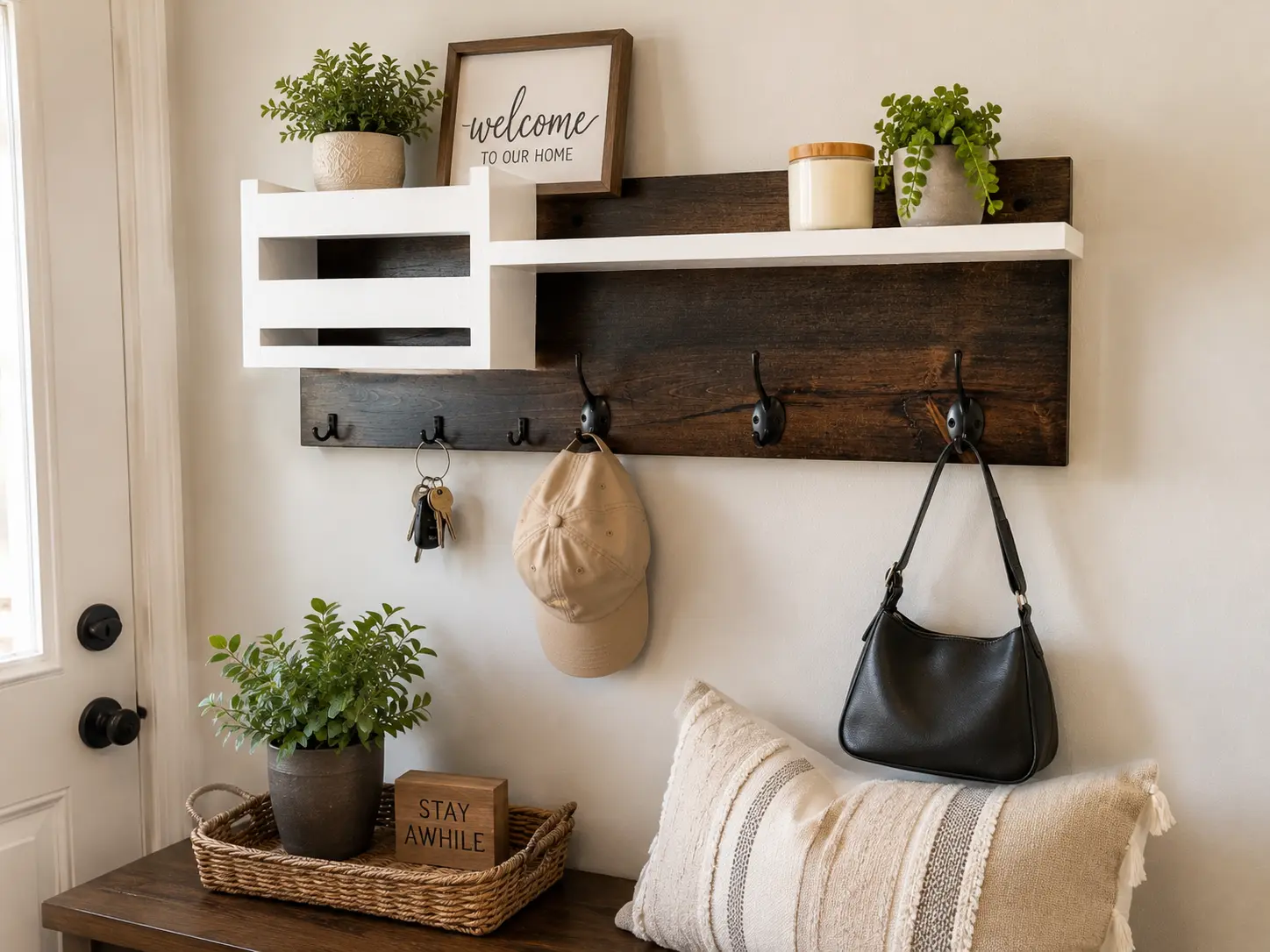 Rustic Wood Entryway Organizer with Key Hooks & Mail Slot