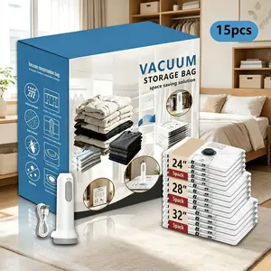 Mother’s Day Gift Idea [2026 Upgraded] Cordless Travel Vacuum Storage Compression Bag Set with Rechargeable air Pump 15 Pack Waterproof &Reusable Compression Packing Bags for 3Size, Home Storage,140L/Min Powerful Air Removal,Perfect for Carry-On Suitcases