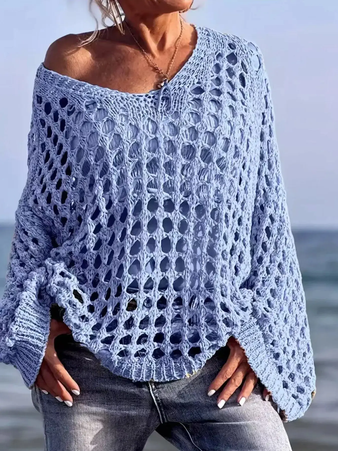Women's Hollow Out V Neck Knitted Sweater, Loose Fit Batwing Sleeves, Shoulderless Bohemian Style, Long Sleeve, Casual Vacation Wear, Knitwear Tops