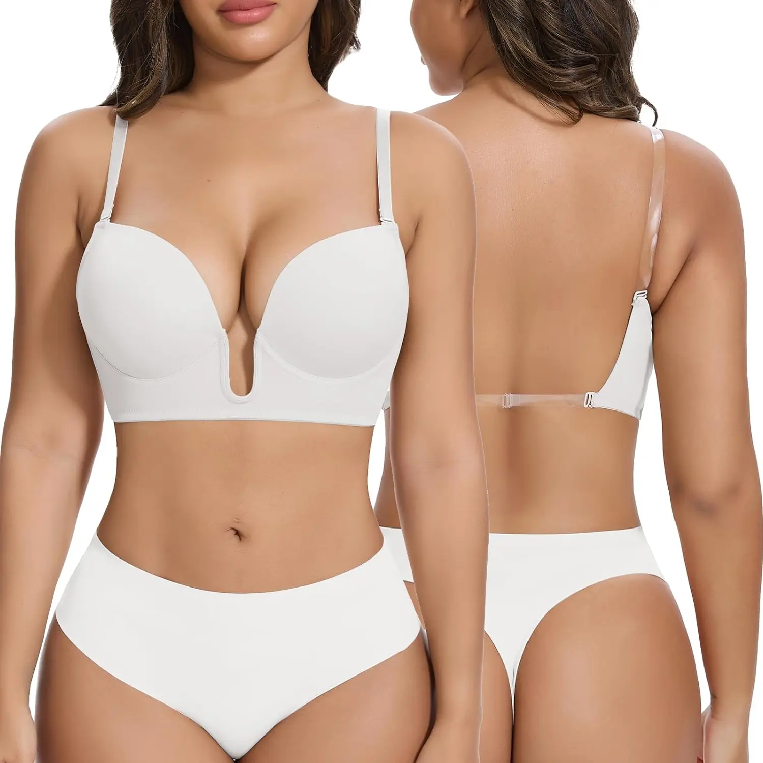 Women's Deep V Low Cut Open Back Bra, U-Shaped Seamless Convertible Backless Bra, Underwire Push-Up Plunge Bra for Backless Dresses