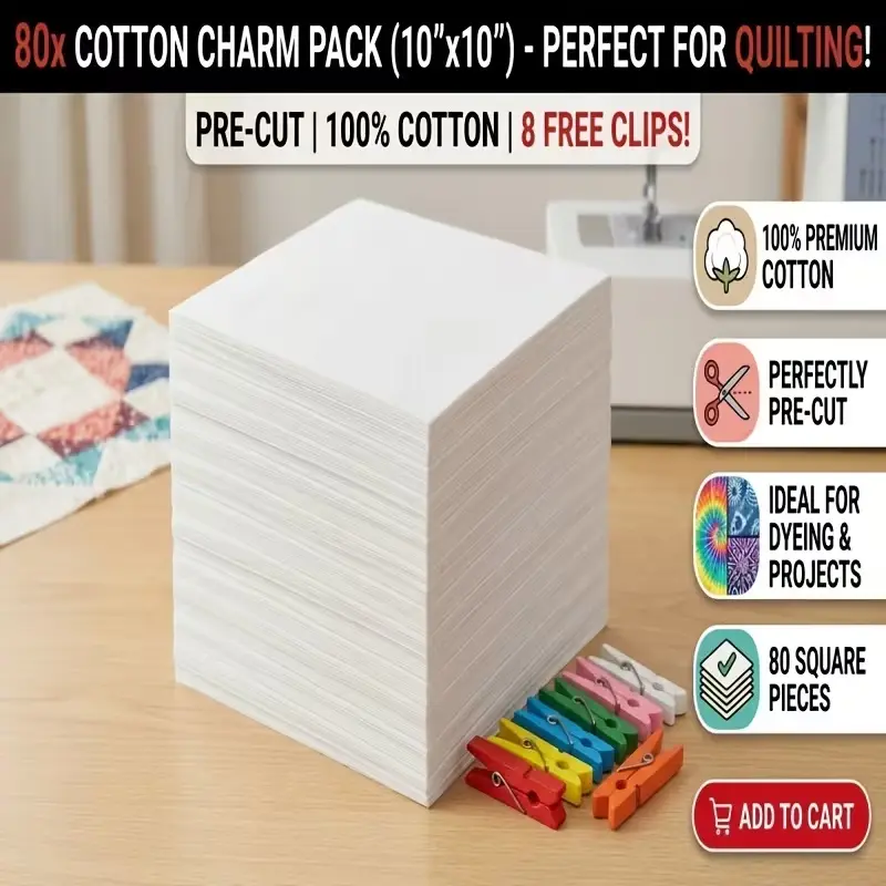 80Pcs 10"x10" Pre Cut 100% Cotton Fabric Squares for Quilting, Patchwork DIY Craft, with 8 Fabric Clips