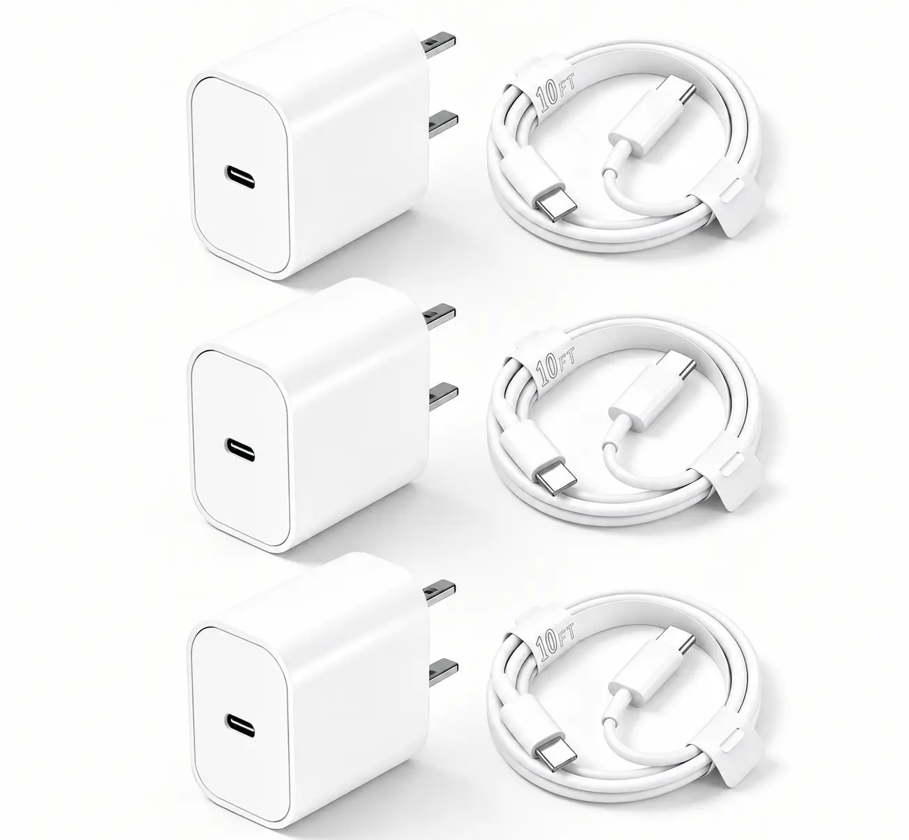 3-Pack iPhone 17 16 15 Charger Fast Charging-20W USB C Charger Block with 10FT Type C to C Cable Compatible with iPhone 17/17 Pro/17 Pro Max/Air/16/16e/15, iPad Pro, iPad Air
