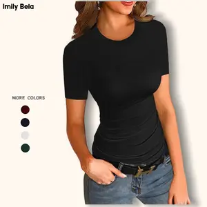 Imily Bela Womens Crewneck Short Sleeve Ribbed T-Shirt Slim Fit Tops Solid Basic Tee