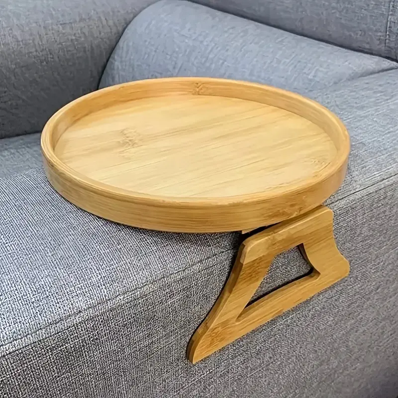 Couch Armrest Table Foldable Clip-On Sofa Tray for Drinks Food & Phone Natural Bamboo Design