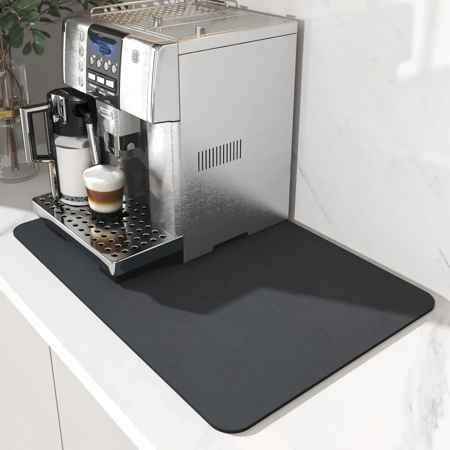 Dark Grey Thick Absorbent Rubber-Backed Kitchen Drying Mat & Tableware Coasters, Stain-Hiding, Fits Under Coffee Maker, 12"x19"