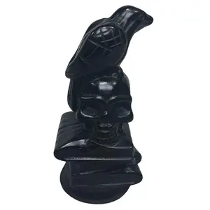 4 Inch Obsidian Crystal Skull Book and Raven Carving Crystal Decor Unique Artistic Sculpture