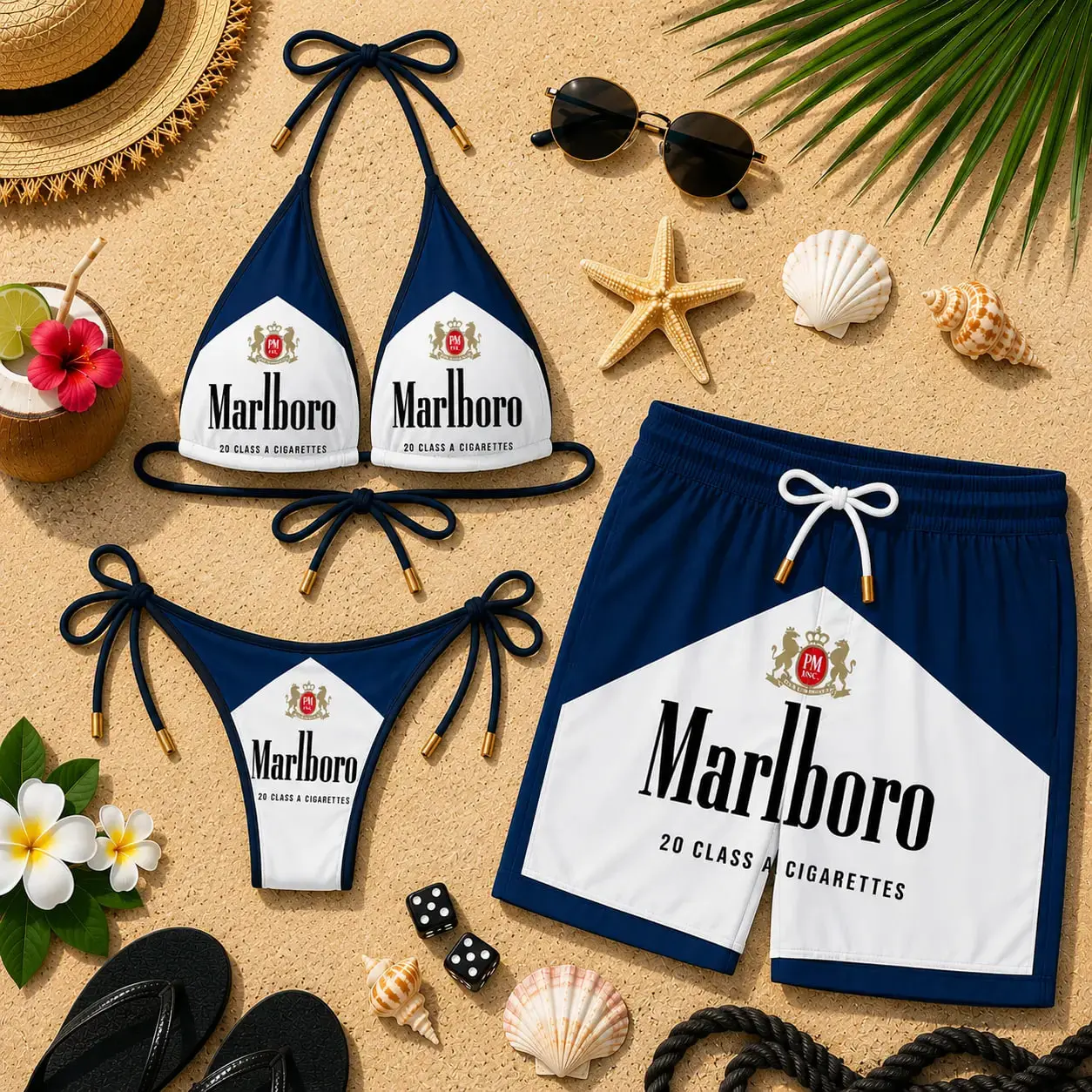 Navy Blue Western Bikini Set and Swim Trunks, Matching Couple Beachwear, Cowboy Style Summer Vacation Swimsuit