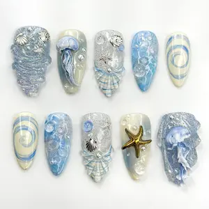 Ocean Dream Jellyfish Press On Nails | Blue Sea Fantasy Nail Art Set | 3D Shell & Starfish Nails | Handmade Oceanic Nail Design