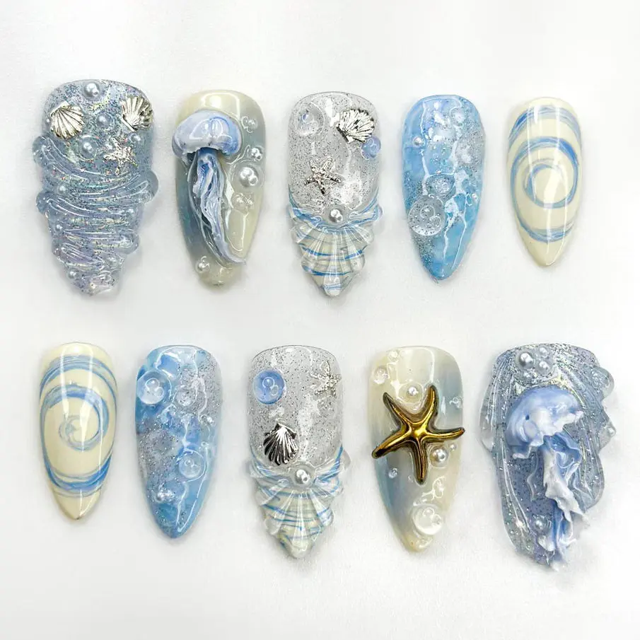 Ocean Dream Jellyfish Press On Nails | Blue Sea Fantasy Nail Art Set | 3D Shell & Starfish Nails | Handmade Oceanic Nail Design