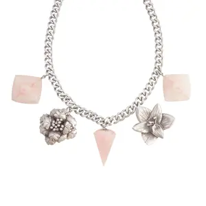 Sterling silver flowers and large rose quartz stones statement necklace