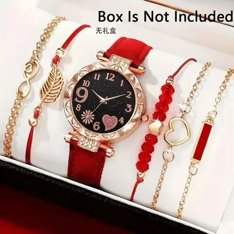 Women's 6-Pieces Fashion Watch & Bracelet Jewelry Set, Rhinestone Heart Numeral Dial Quartz Watch, Leaf Infinity Charm Bracelets, Faux Leather Strap, 3-Color Optional (Red/Black/White)