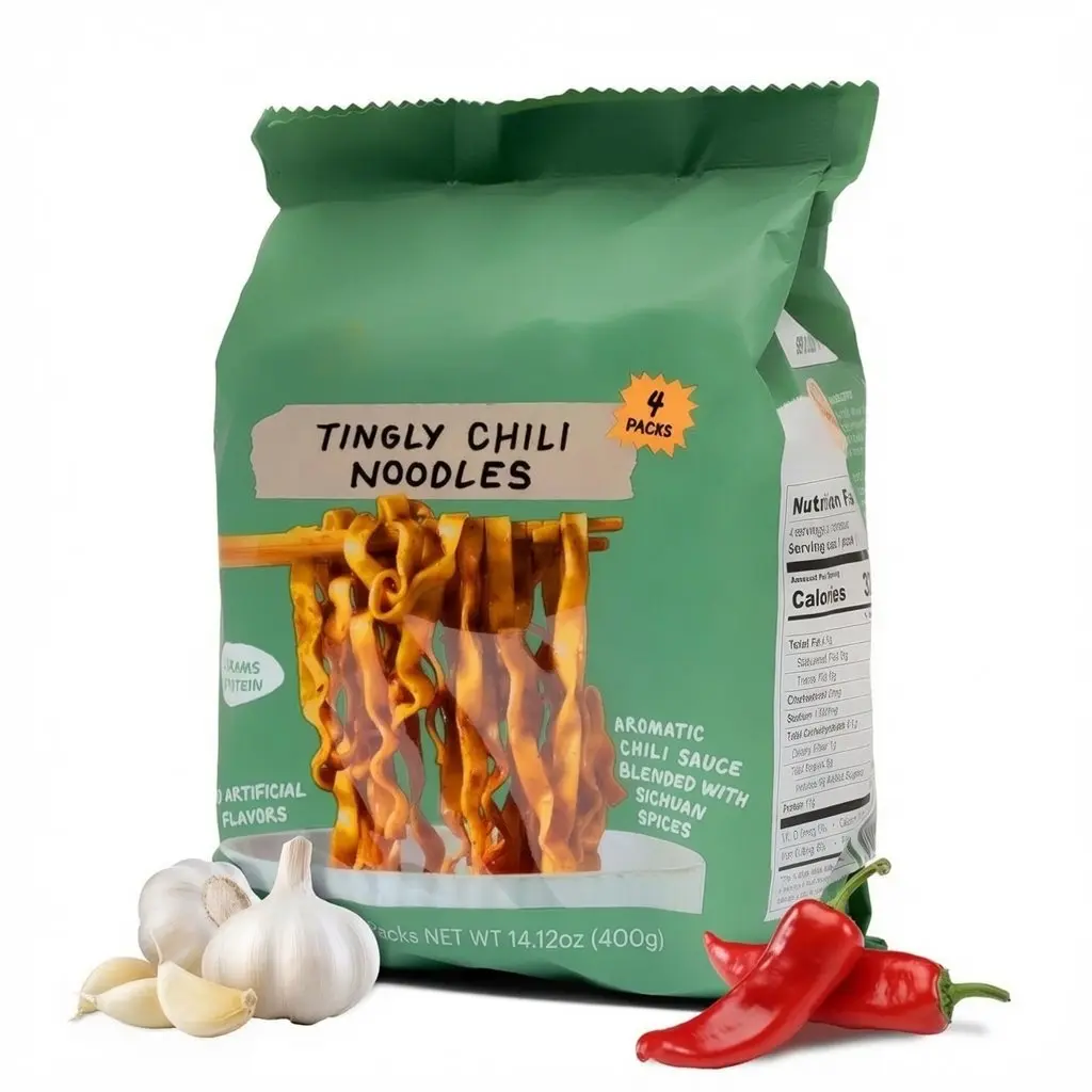 Vegan Tingly Chili Instant Ramen Noodles - Restaurant-Style Sichuan Spice, 11g Protein, Bold Chili Sauce, 4-Pack Pantry Food