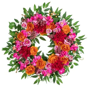 Summer Wreaths for Front Door: 26 Inch Spring Wreath Decorations for Home Outdoor Indoor - Pink Dahlia Orange Peony Flower Wreath with Hanger Outside Wall Window Fireplace Decor Summer Vibes