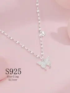 S925 Sterling Silver Butterfly Design Pendant Necklace for Women & Girls, Fashion Rhinestone Decor Jewelry for Party, Daily Decor, Trendy All-match & Exquisite Jewelry for Birthday Gift