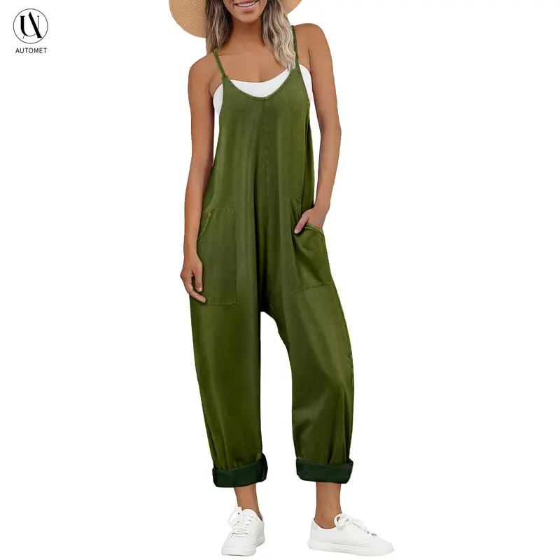 AUTOMET Women's Stylish Boho Jumpsuit, Loose-Fitting Acid Wash V-Neck Overalls PM