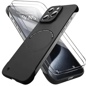 3 PCS 1 Phone Case with 2X Clear Screen Protectors Ultra Thin Frameless Magnetic Protective Phone Case, Smartphone For iPhone 16E 17 Pro Max 15 14 13 12 11 Pro Max 16 Plus Monochrome Matte Magnetic No Frame Semi-Edge Cover, suitable for men and women