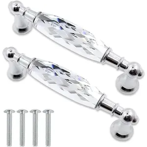 2-Pack 5.00'' Glass Dresser Drawer Handles/Clear Pulls Knob Chrome Metal/Silver Modern Crystal Cupboard Cabinet Handle Pull Knobs 128mm (2, 5" Hole Center Style A)