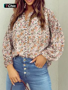 Spring & Fall Casual Bohemian Floral Bubble Sleeve Button Front Fitted Shirt, Womenswear, Top, Women's Fashion Blouse, Comfortable and Stylish