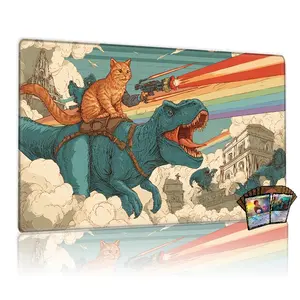 TCG, MTG, CCG RPG trading card game MATS, heroic orange cat riding T-Rex, blasting rainbow laser, fantasy ruins in clouds, 16x35", non-slip, vibrant print, desk accessory, Gaming Mousepad
