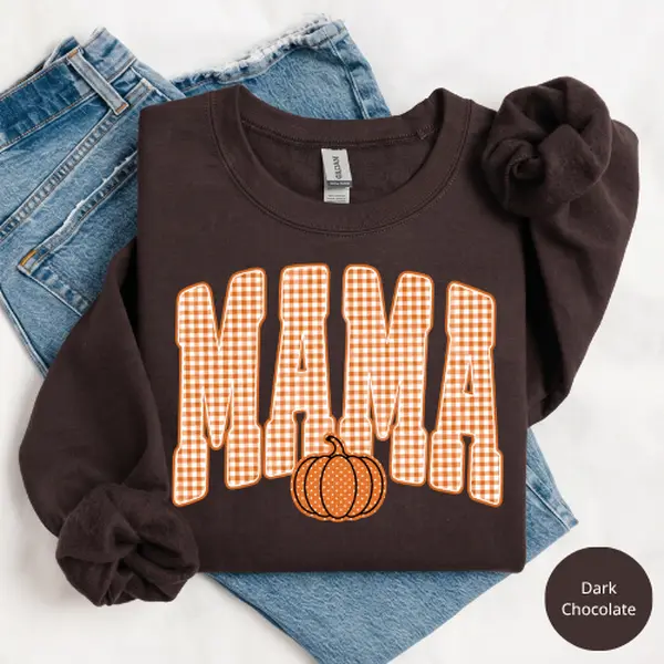 Retro Mama Pumpkin Gildan Sweatshirt or T-Shirt, Trendy Fall Gingham Mama Shirt, Cute Autumn Gift for Mom