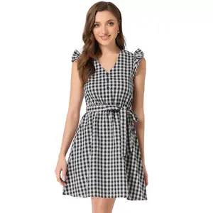 Allegra K Women's Summer Ruffled Sleeve A-Line Vintage Gingham Check Sundress Small Dark Blue