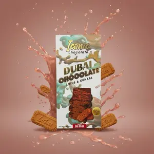 Dubai Chocolate Iconic Chocolates Lotus & Kunafa Flavor Premium Bar with Smooth Chocolate Exterior & Crispy Kunafa Layer