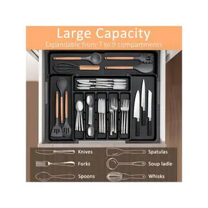 Christmas Day Silverware Organizer Expandable Kitchen Utensil Drawer Organizer With 9 Compartment Large Cutlery Organizer Tray For Forks Knives 13" - 22"W ,14.5" - 19"L