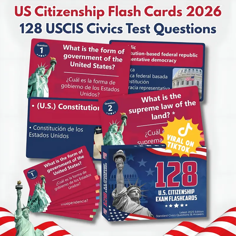 2026 US Citizenship Flash Cards, 128 USCIS Civics Test Questions and Answers, Bilingual English Spanish Naturalization Test Prep for Adults, Citizenship Study Guide, Portable Learning Cards, Color-Coded Tabs, Tarjetas de Ciudadanía