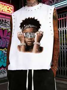 Men's Trendy Sleeveless T-Shirt, Premium Fabric Comfortable Skin-Friendly, Eye-Catching Graphic Portrait + Slogan Print, Hip-Hop Lovers Streetwear Casual Wear