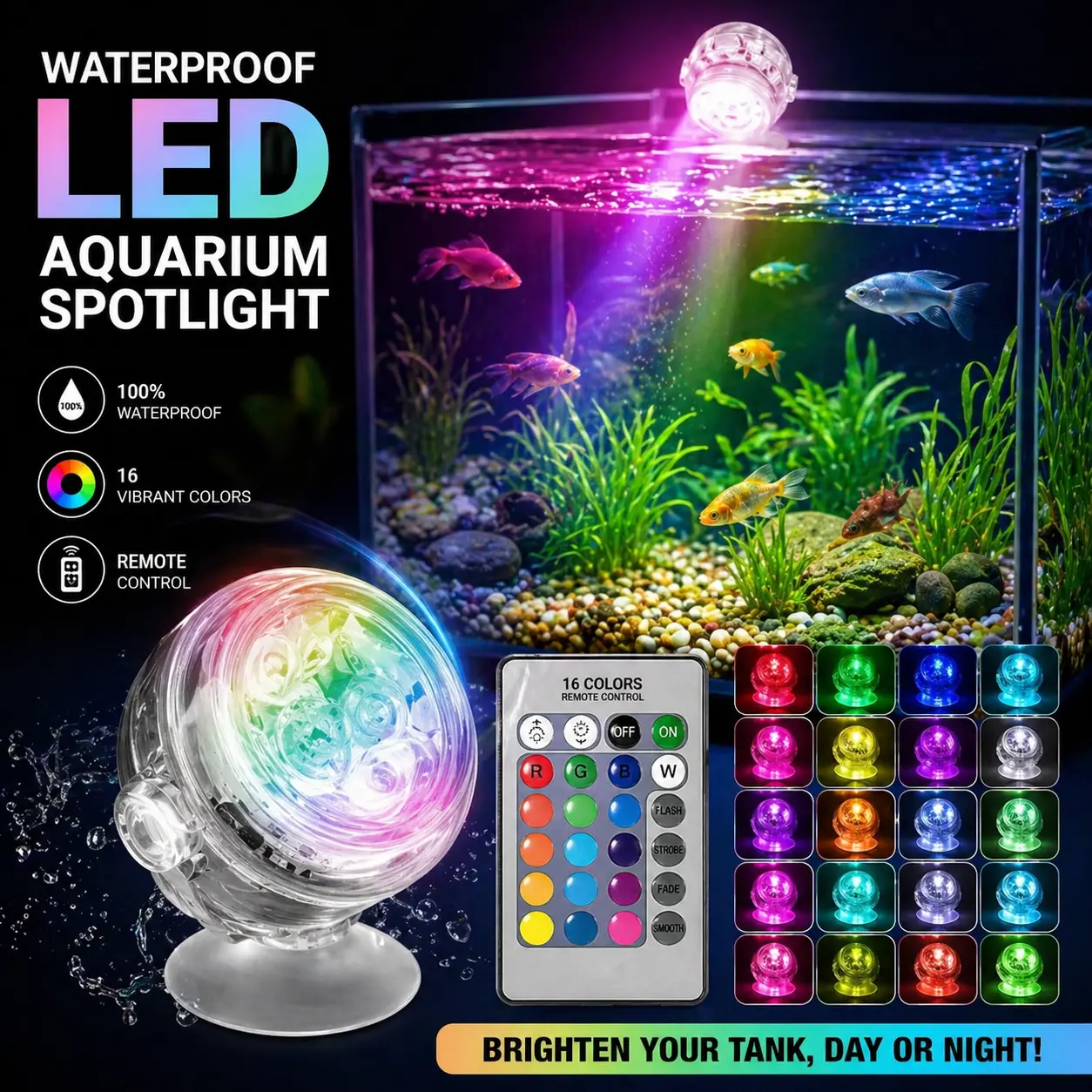 Aquarium LED Light - 100% Waterproof Gradient Submersible Spotlight, 16-Colors Dimmable Multicolor Light for Fish Tanks, Brightens Day or Night