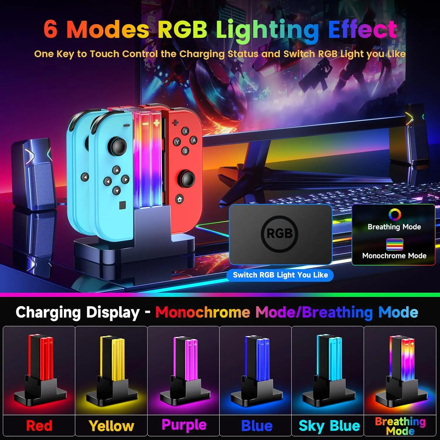 P-CPS036 Rechargeable Controller Charger Dock - Compatible with Nintendo Joycons, Switch OLED Model, Wii Rubber Skins, 6 RGB Light Modes, LED Light, USB Port, Type-C Cable, 1-Touch Main Switch Control, Plug, Instruction Manual, Rgb Lights