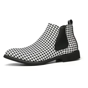 LISM Men'S Houndstooth Checkered High-Top Boots - Slip-On Chunky Heel, & Contrast Design, Durable Fabric Upper & Synthetic Cover Sole, Casual To Formal Wear, Versatile Footwear, Modern Footwear, Comfortable Fit, Stylish Footwear, Fashion Lovers