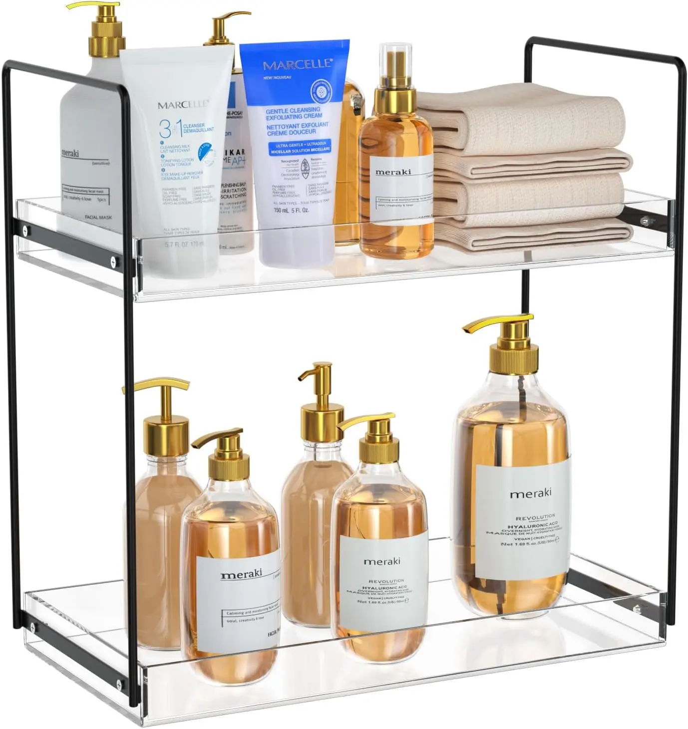 Bathroom Countertop Organizer, 2 Tier  Tray Vanity Counter Skincare Organizer Shelf,  Storage Holder for Lotion Makeup  Perfume , Black+Clear