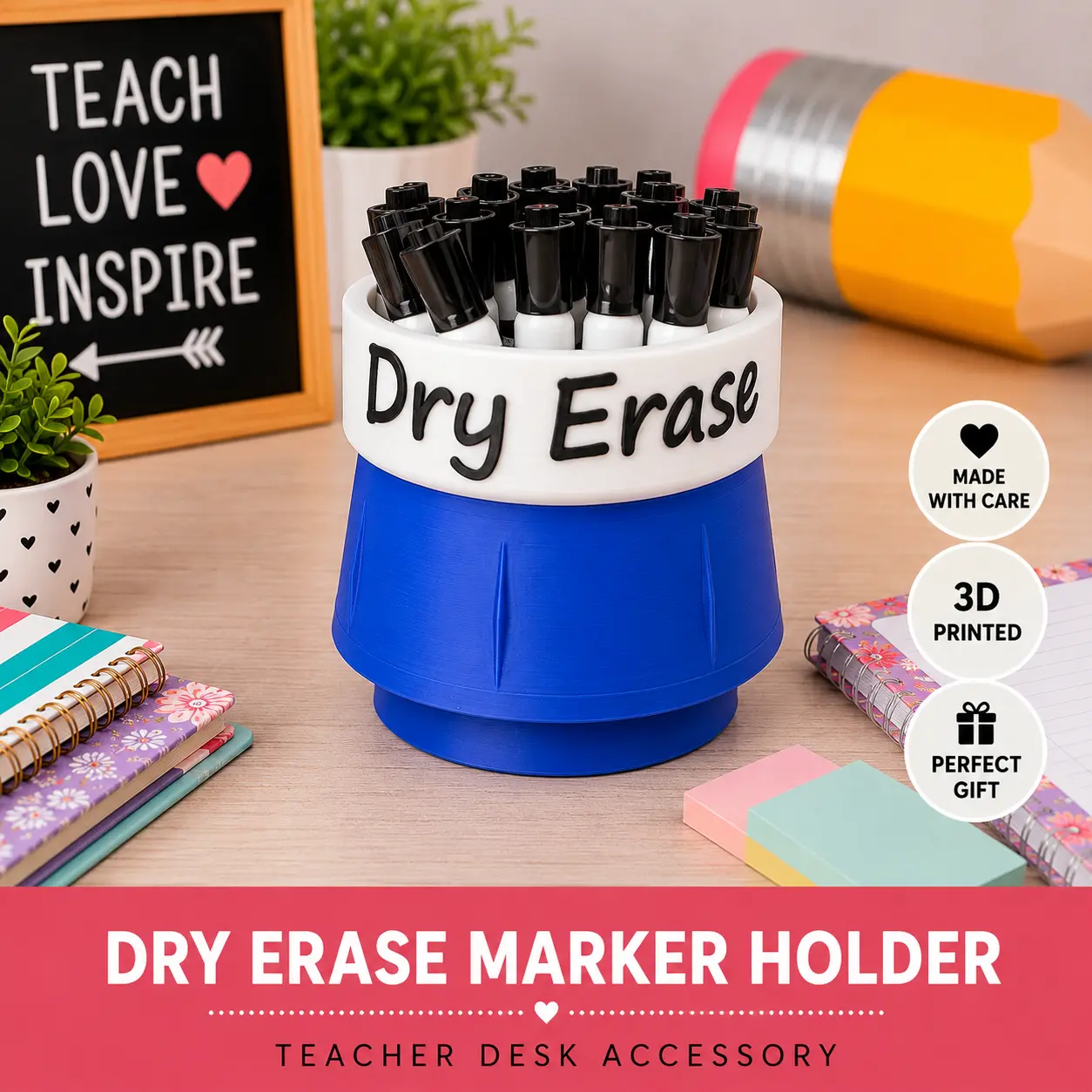 Dry Erase Marker Holder | 3D Printed Desk Organizer | Classroom Marker Storage from Gerlinde's Creations, made in the USA!