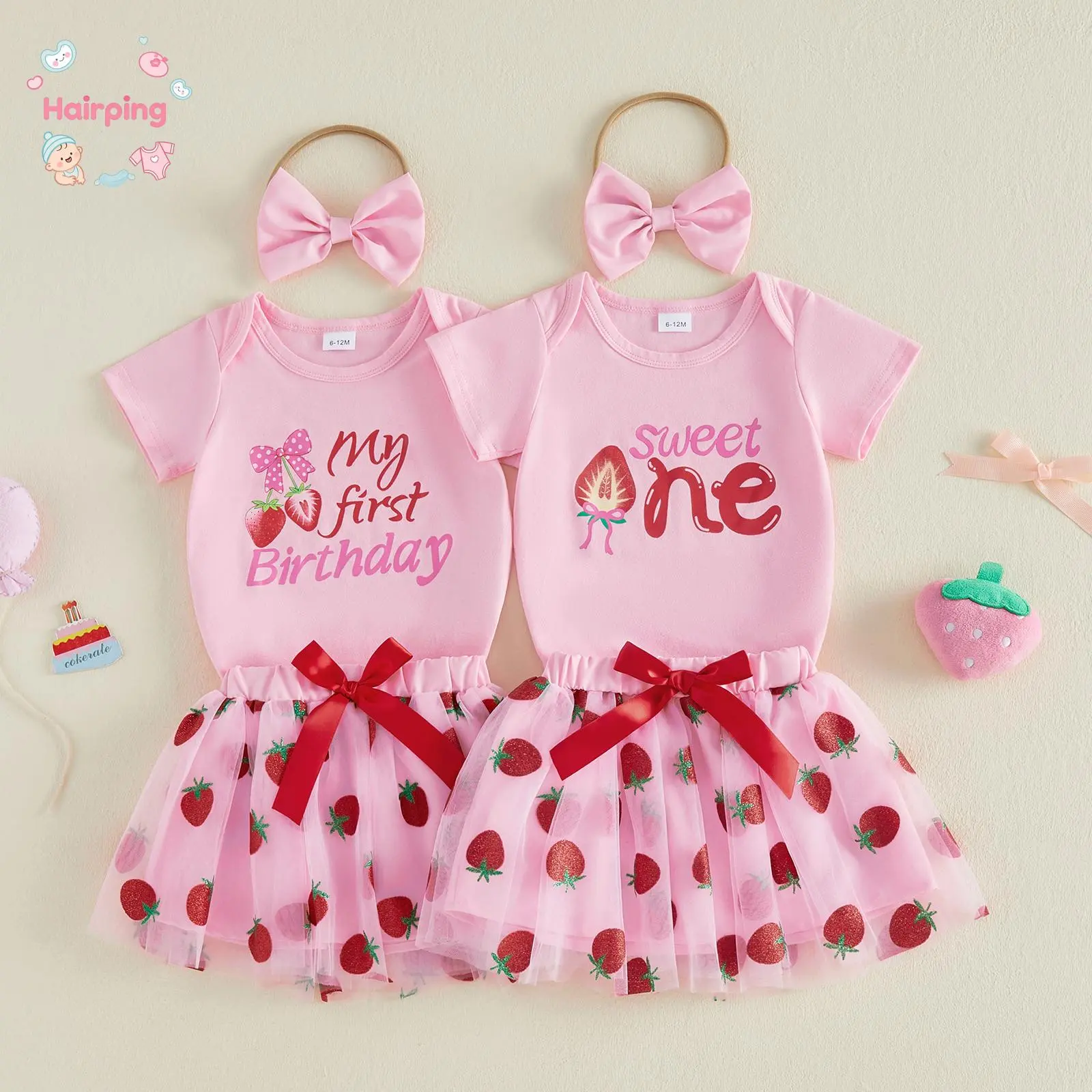 Baby Girls "Sweet One" Strawberry 3 Piece Outfit, Pink Bodysuit, Strawberry Tulle Skirt & Bow Headband Set, First Birthday Infant Clothing, Soft Cotton Blend for Newborn & Toddler
