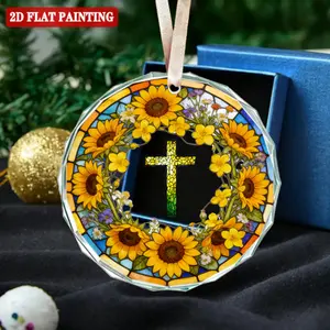 Stained Glass Cross Sunflower Acrylic Ornament 8x8cm, Christian Faith Floral Hanging Decor, Religious Gift for Home, Car, Church, Baptism, Easter, Summer Decor