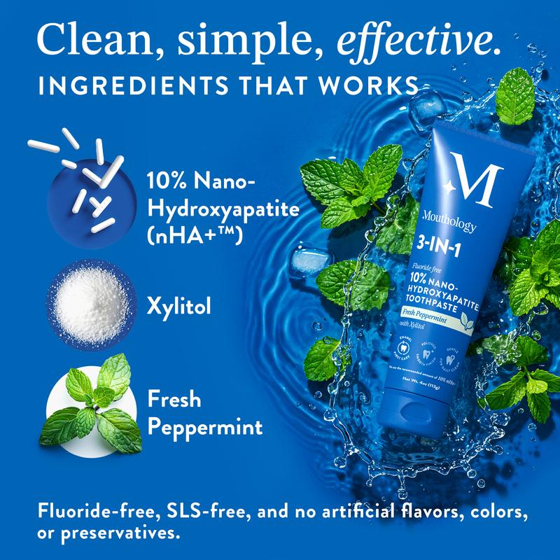 Mouthology 10% Nano Hydroxyapatite Toothpaste & Tongue Cleaner Set – Whitening, Enamel Repair, Sensitive Teeth Relief, Fresh Peppermint Flavor, Ergonomic Tongue Brush & Tongue Scraper with Protective Cap for Bad Breath & Complete Oral Care