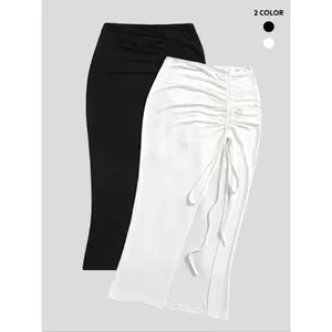 Women’s plain ruched thigh-slit bodycon skirt — casual summer wear, fashionable women’s skirt for daily wear? Summer Outfits 2024