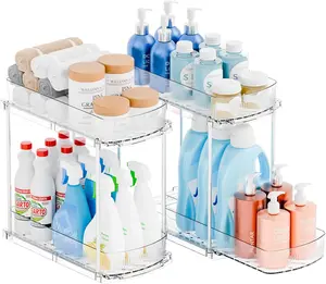 2-Pack 2-Tier Pull-Out Under Sink Organizer, Slide-Out Acrylic Storage Shelf for Bathroom & Kitchen