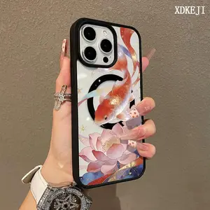 Lucky Koi Fish and Lotus Pattern Premium Magnetic Phone Cases for iPhone 17 Air 16 15 14 Pro Max 13 12 11 Plus Smartphone Shockproof Protection Acrylic Cover Cellphone Protective magsafe magnetic case Resistance Casing