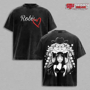 1 Piece Nico Robin Vintage Washed Oversized Graphic Tee, Straw Hat Pirates Anime Shirt, Heavy Cotton Streetwear Top, Good Graphic Tees Gift for Fans